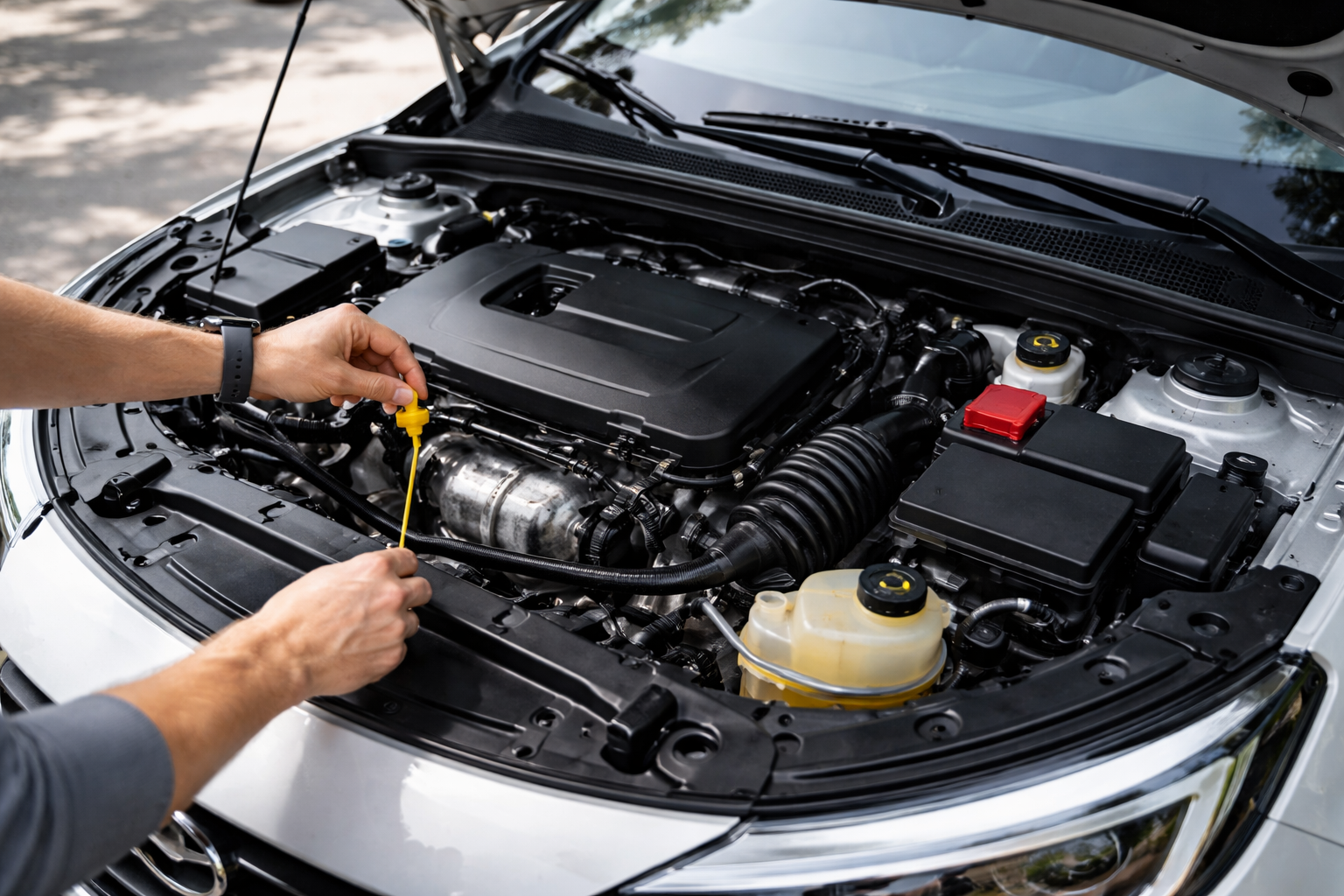 Arac kaputunun altindaki motor bolumunun genel gorunumu