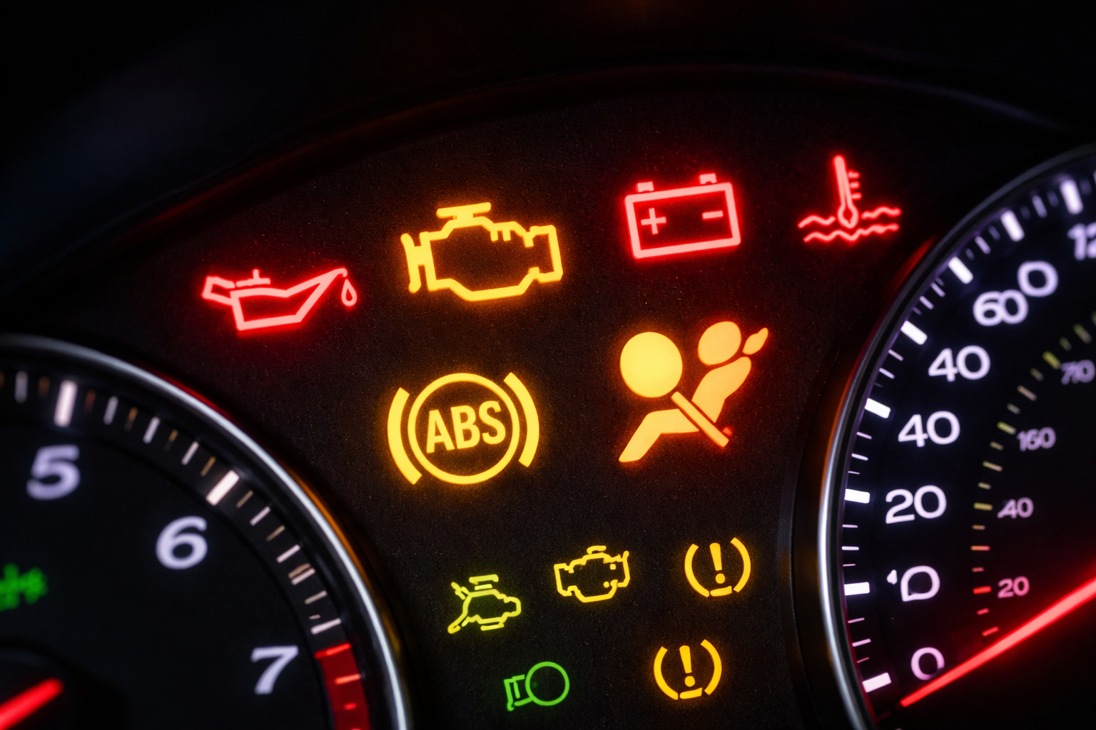 Arac gosterge panelinde yanan cesitli uyari isiklari