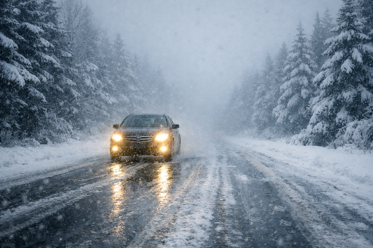 Karli ve buzlu yol kosullarinda kis sursu yapan bir arac