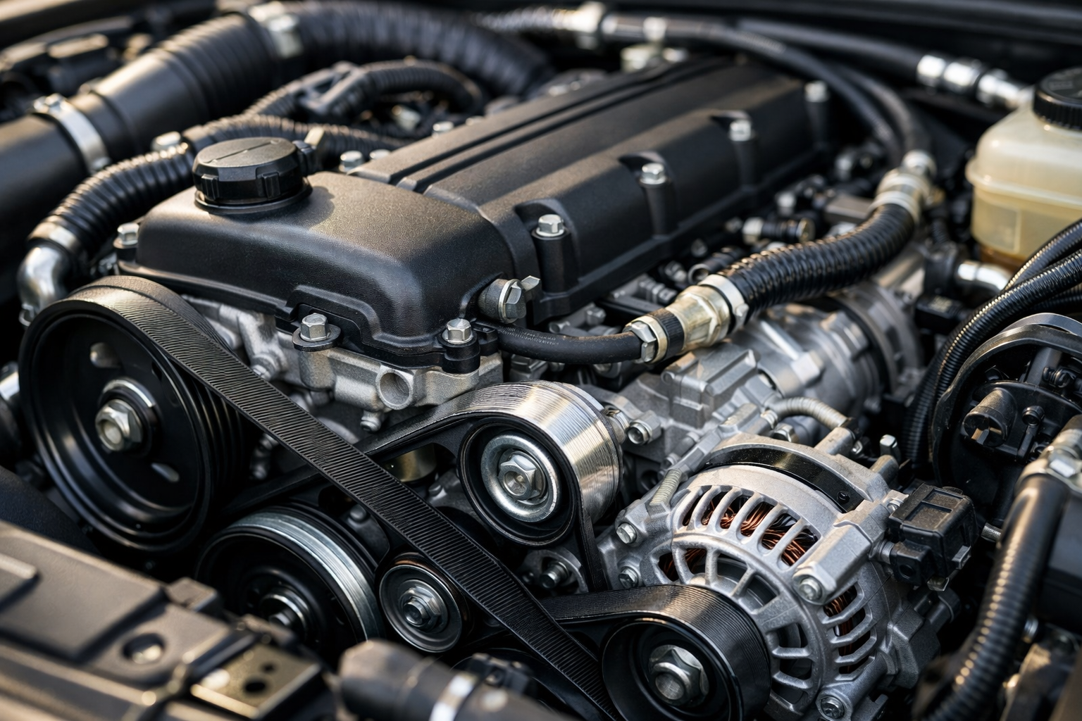 Arac motor bolumunun yakindan gorunumu, kayis ve bilesenlerin detayli incelemesi