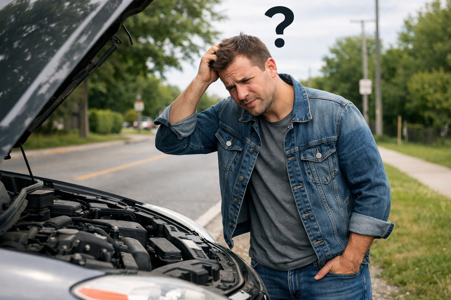 Aracinin yaninda duran ve arizayi anlamaya calisan surucu